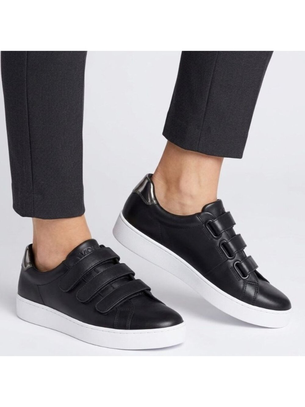 Vionic Size 9 Black Bobbi Leather Hook and Loop 3 Strap Low Top Sneakers Shoes - Picture 1 of 10